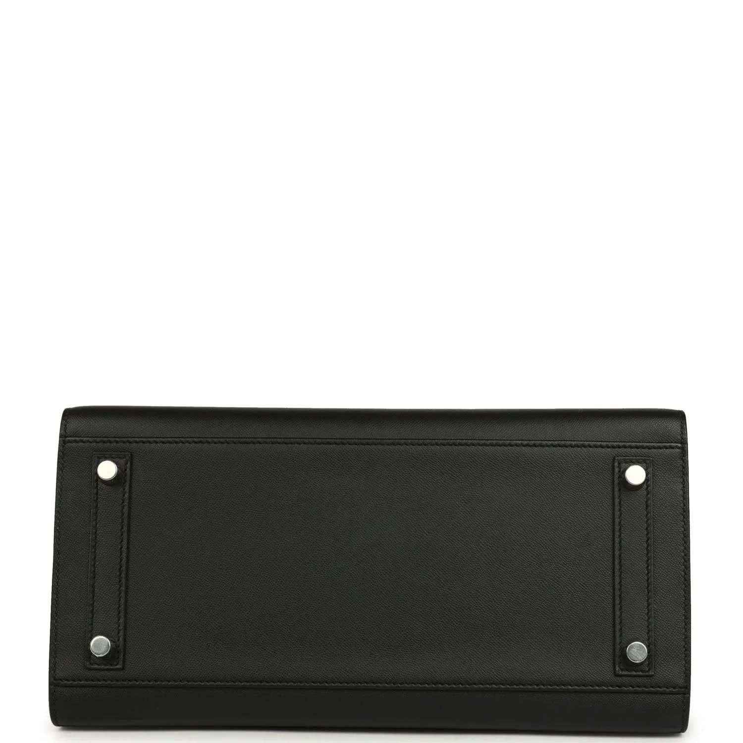 Black leather handbag bottom panel with metal corner tabs and stitching