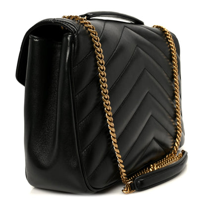 Saint Laurent Lambskin Chevron Quilted Large LouLou Shoulder Bag Black