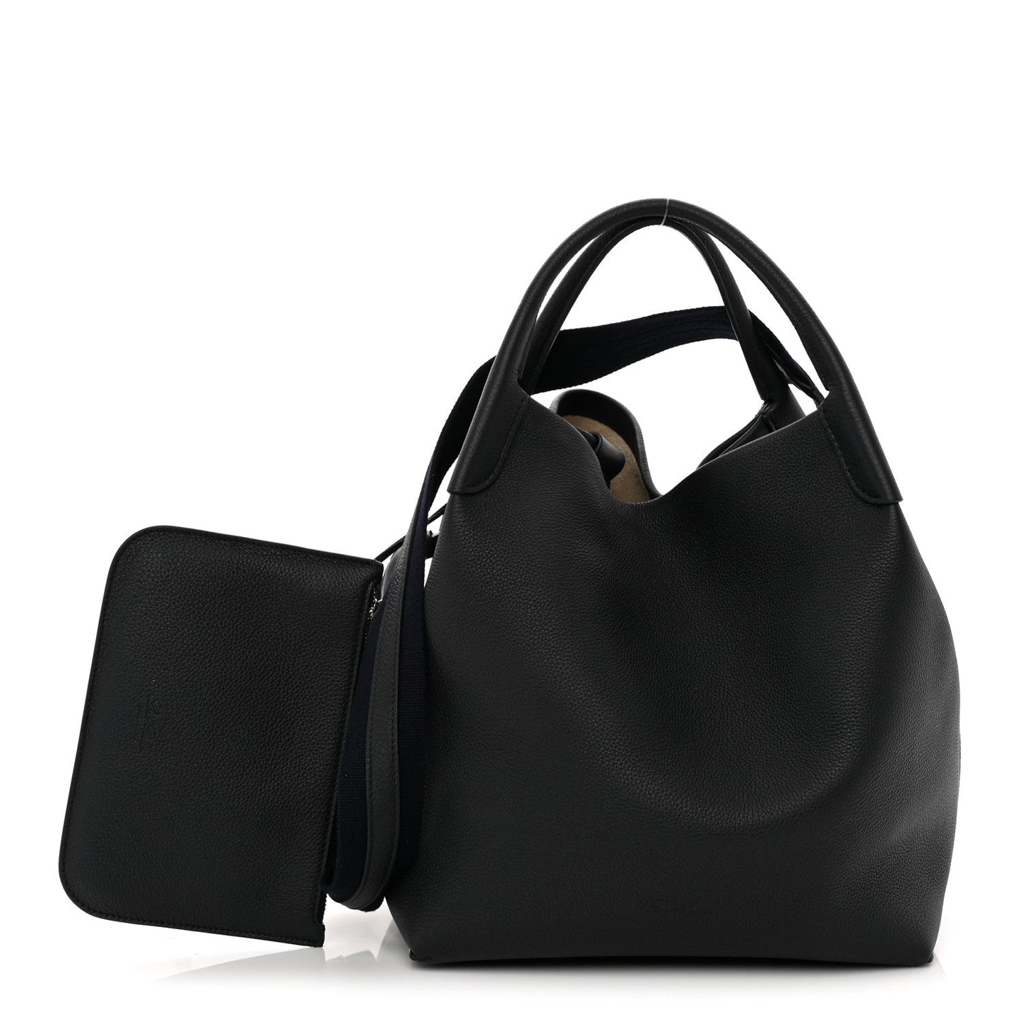 Large dark navy tote bag with grained finish, top handles, and side pocket
