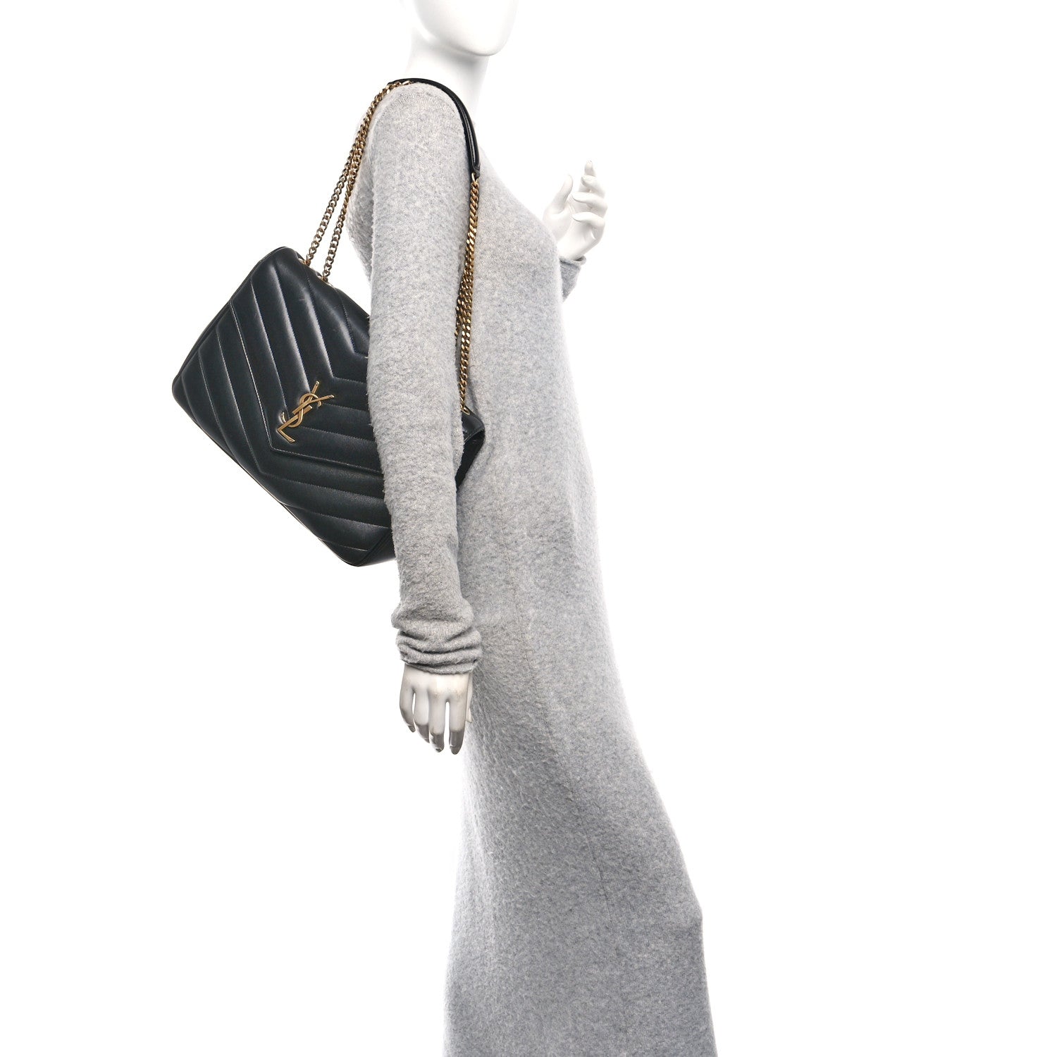 Saint Laurent Lambskin Chevron Quilted Large Loulou Shoulder Bag Black
