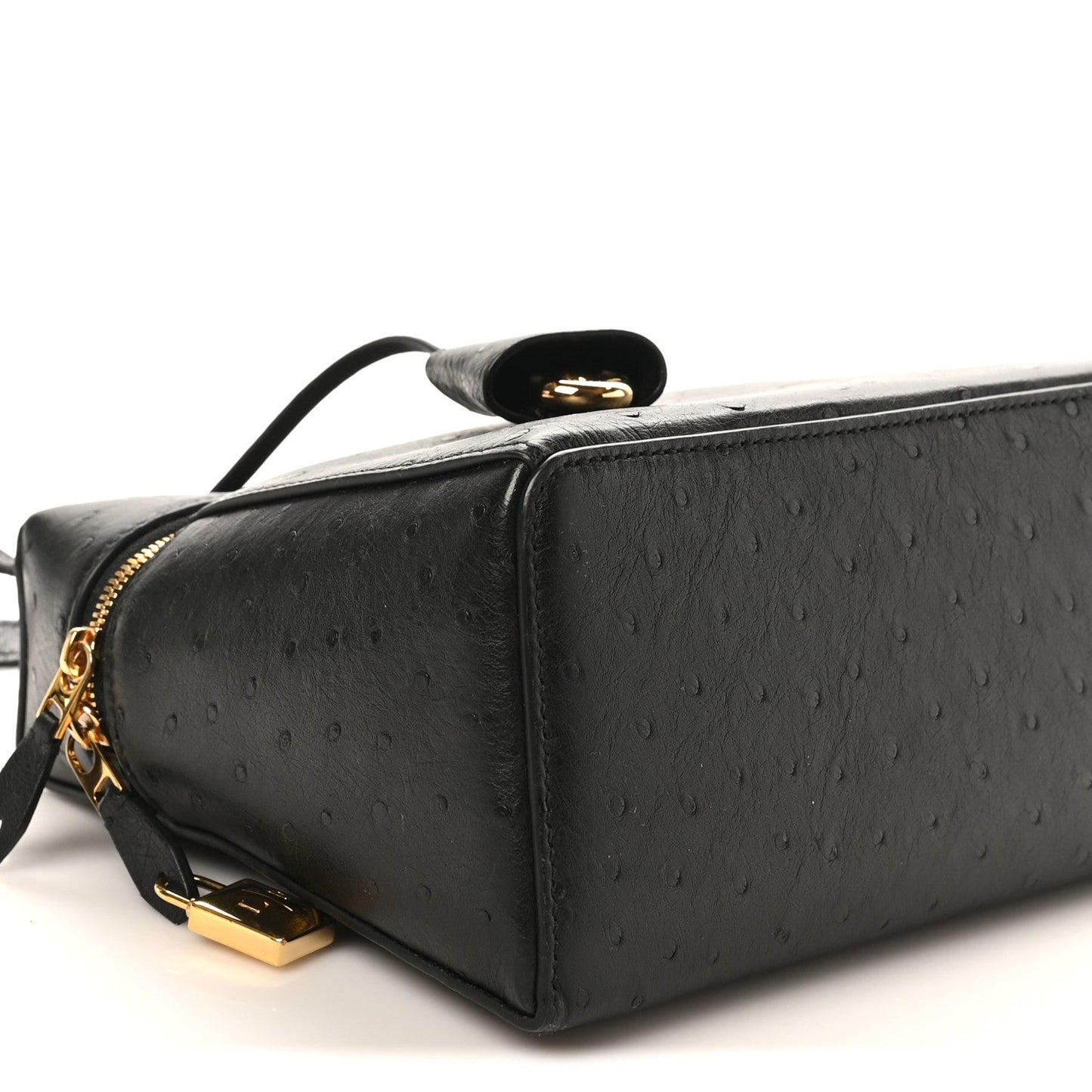 Black ostrich leather bag with top handle, gold-tone clasp, and crossbody strap.
