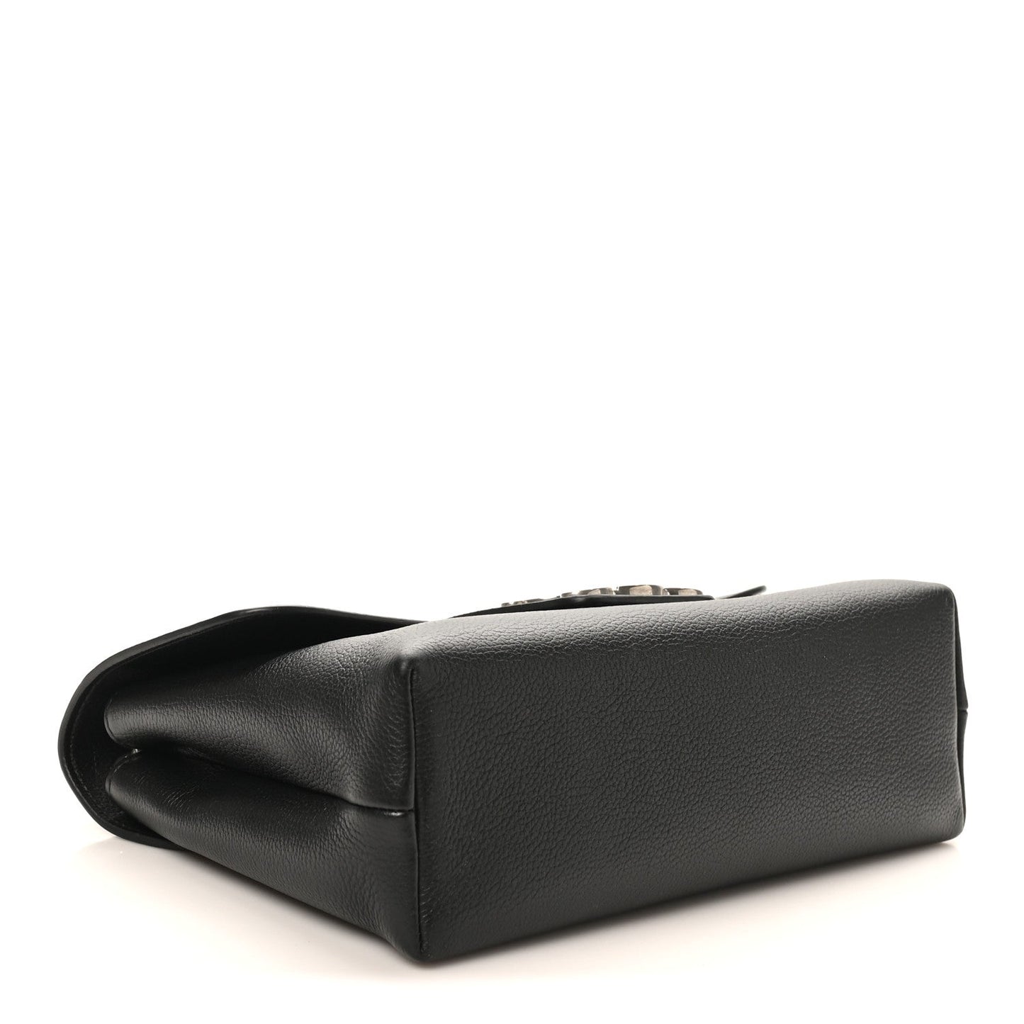 Black calfskin bag angled side view with chain shoulder strap