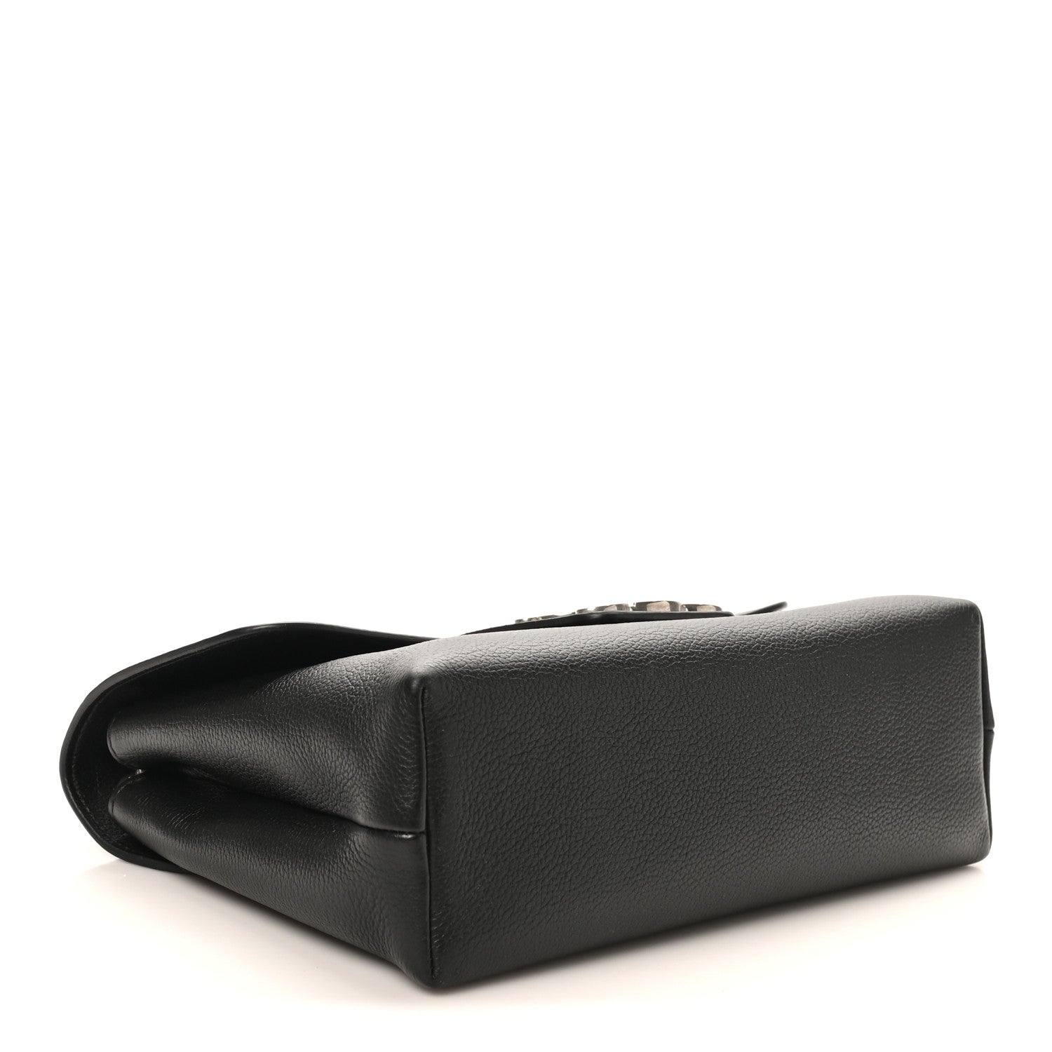 Black calfskin bag angled side view with chain shoulder strap