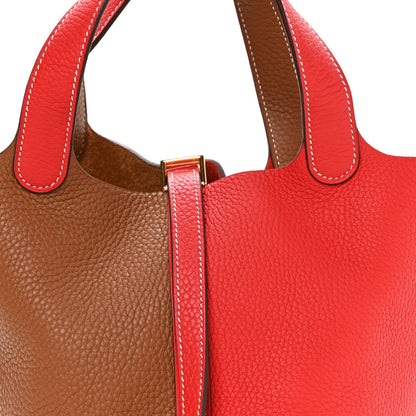 Taurillon Clemence Casaque Picotin Lock 18 PM Gold and Rouge De Coeur