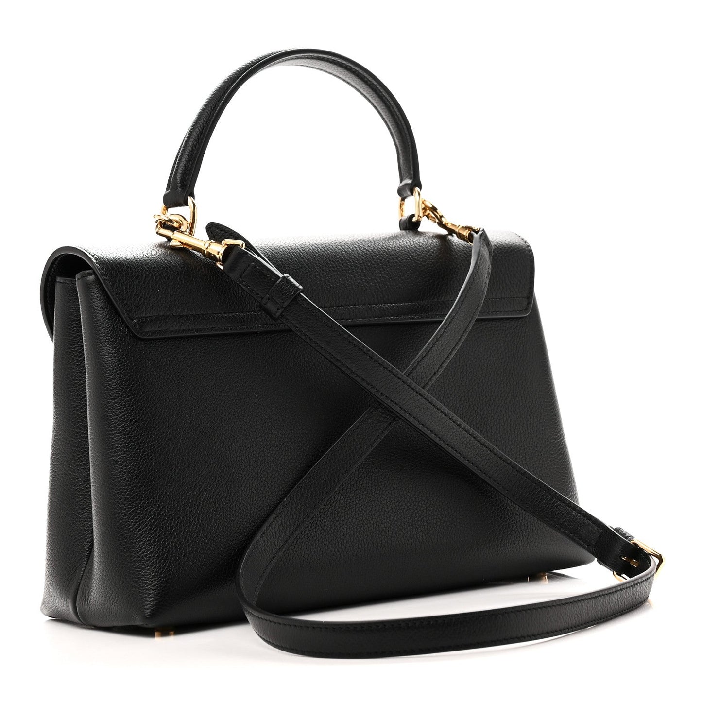Black leather top-handle handbag with diagonal shoulder strap and gold-trim front flap
