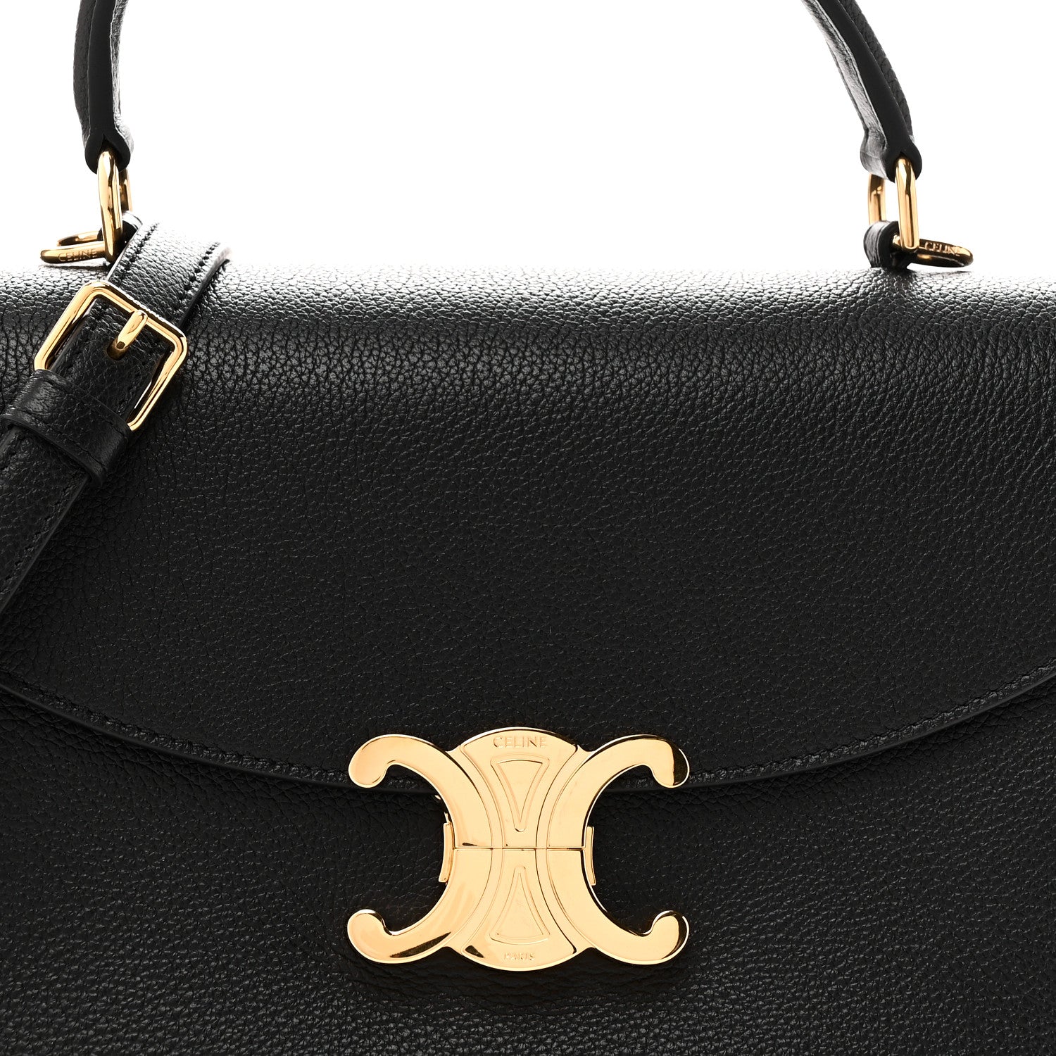 Black leather flap with gold C logo and top handle hardware