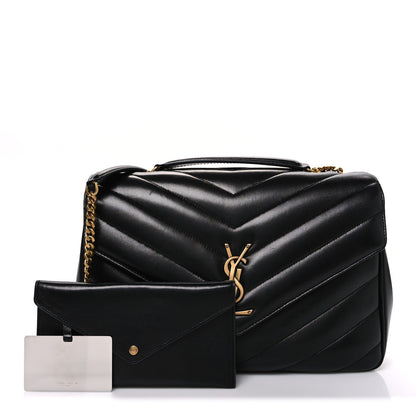 Saint Laurent Large LouLou Chevron Quilted Lambskin Leather Shoulder Bag Black