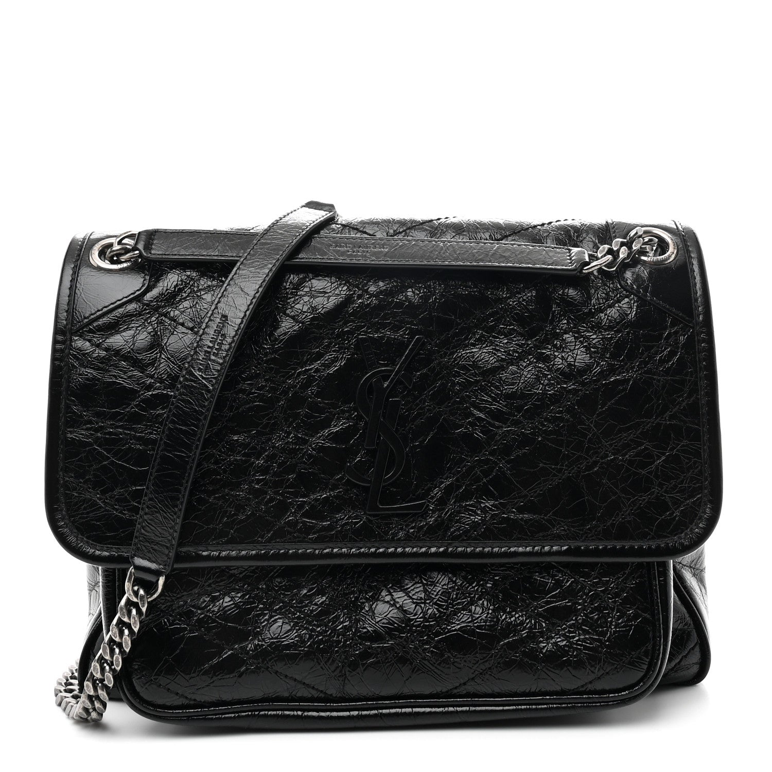 Saint Laurent Niki Medium Chain Satchel Crinkled Calfskin Black