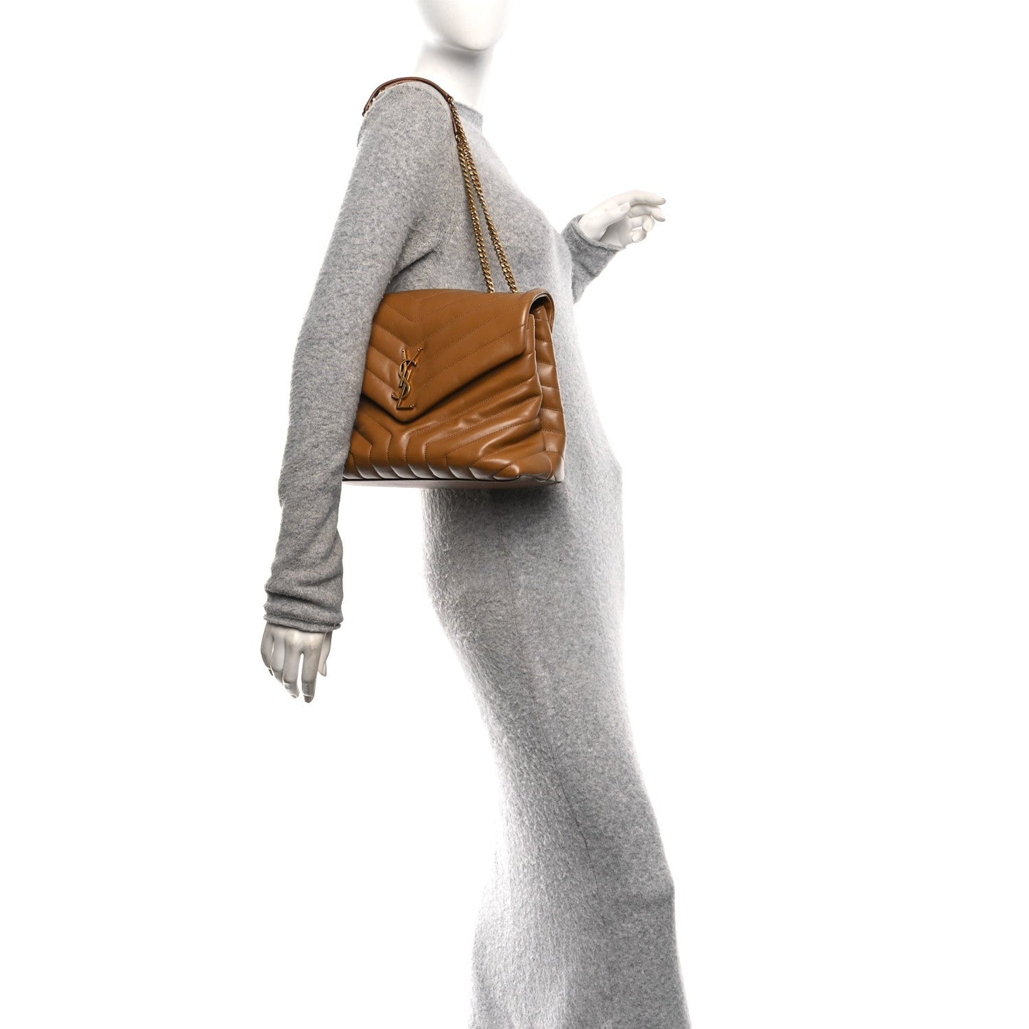 Saint Laurent Loulou Calfskin Y Quilted Monogram Medium Chain Satchel Dark Natural