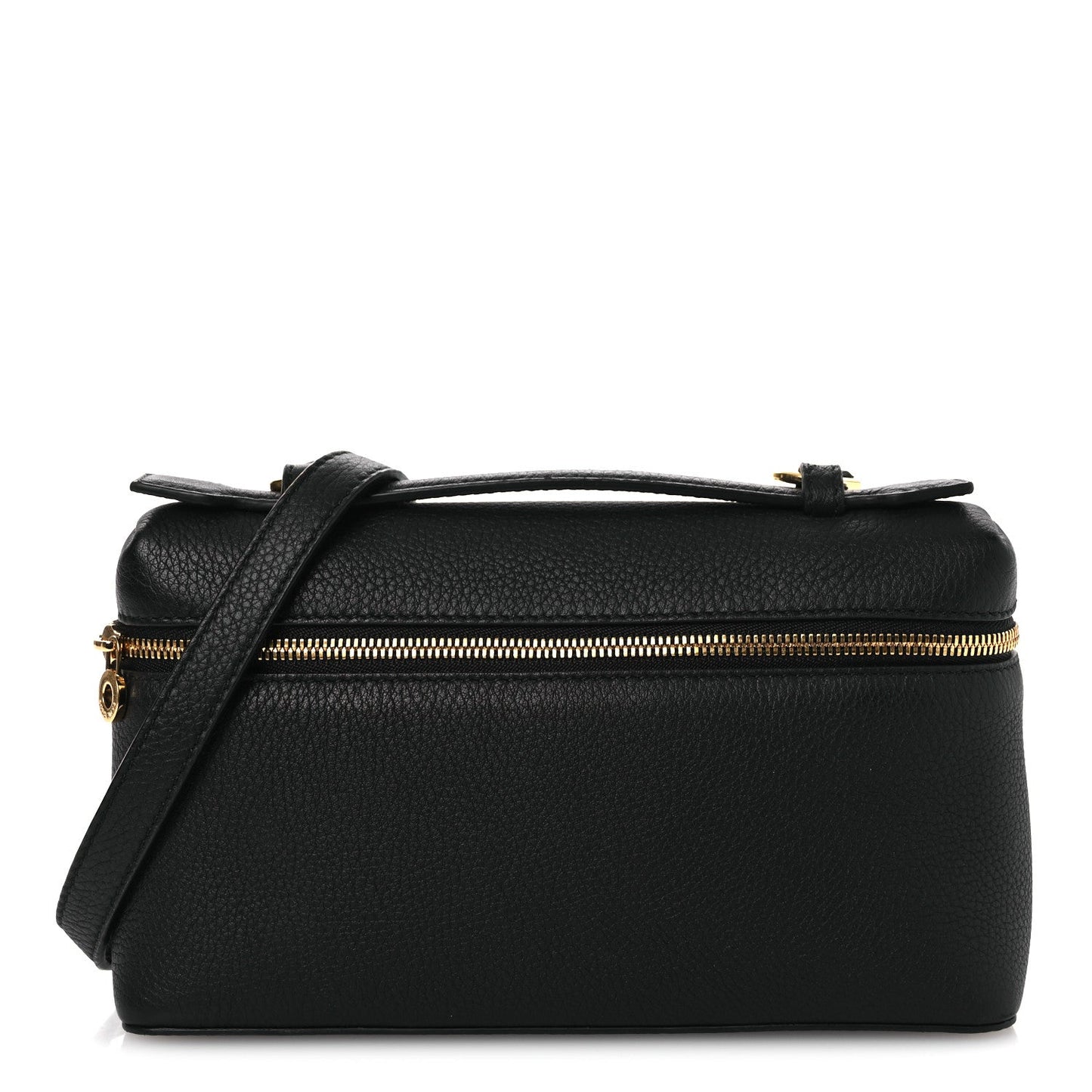 Black grained calfskin pouch with top handle, gold-tone zipper and front extra pocket