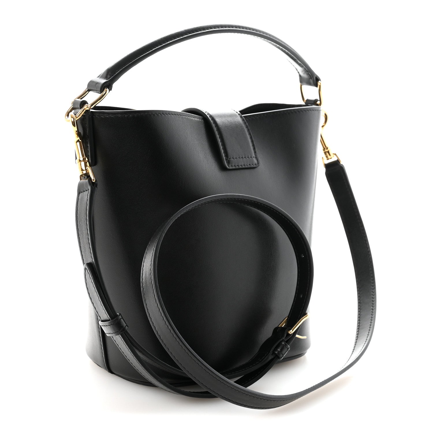 Small black Celine bucket bag with structured top, gold hardware, crossbody strap
