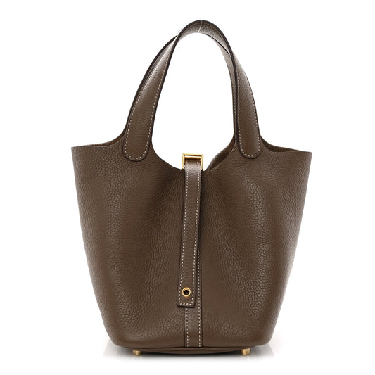 Calfskin Leather Picotin Lock 18 PM Etoupe Bucket Bag