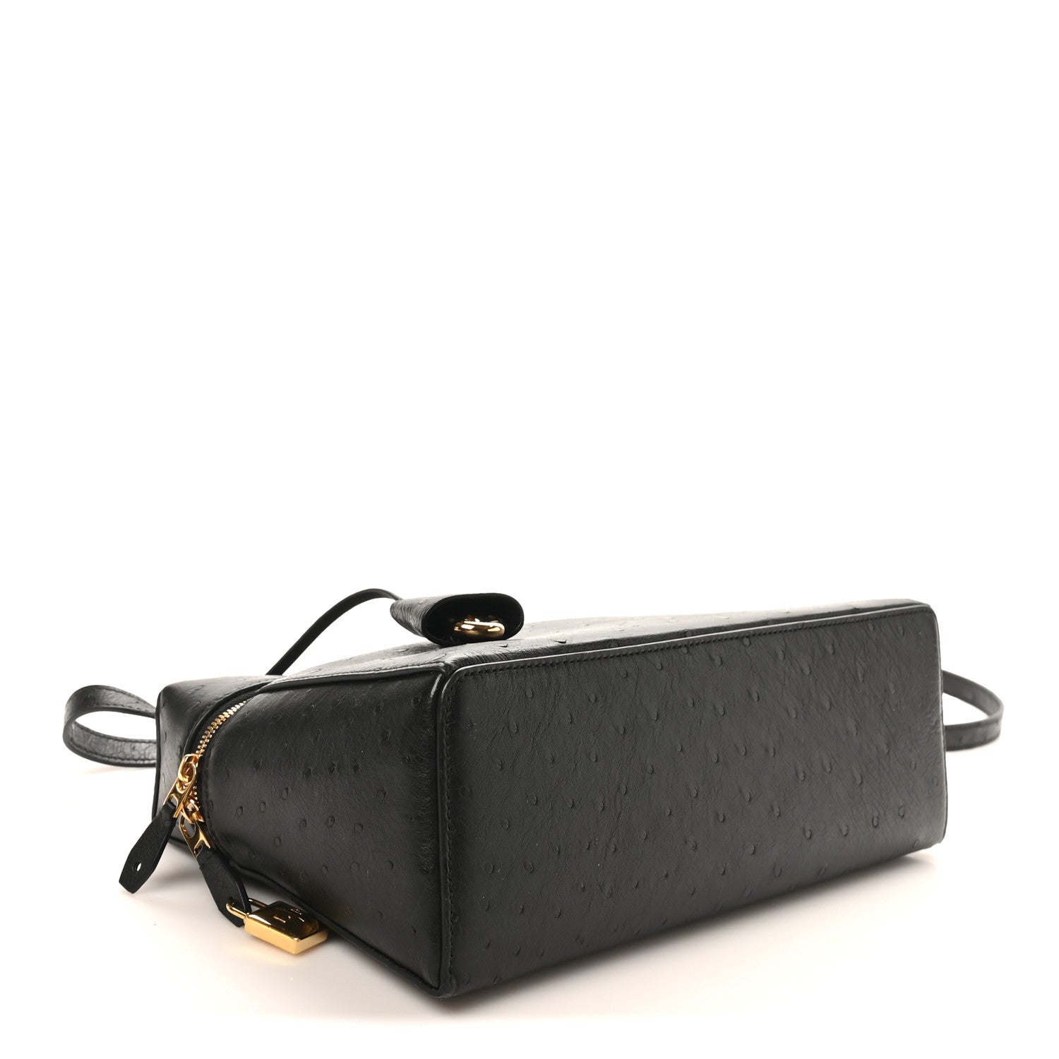 Black ostrich leather top-handle bag with crossbody strap and gold-tone hardware.