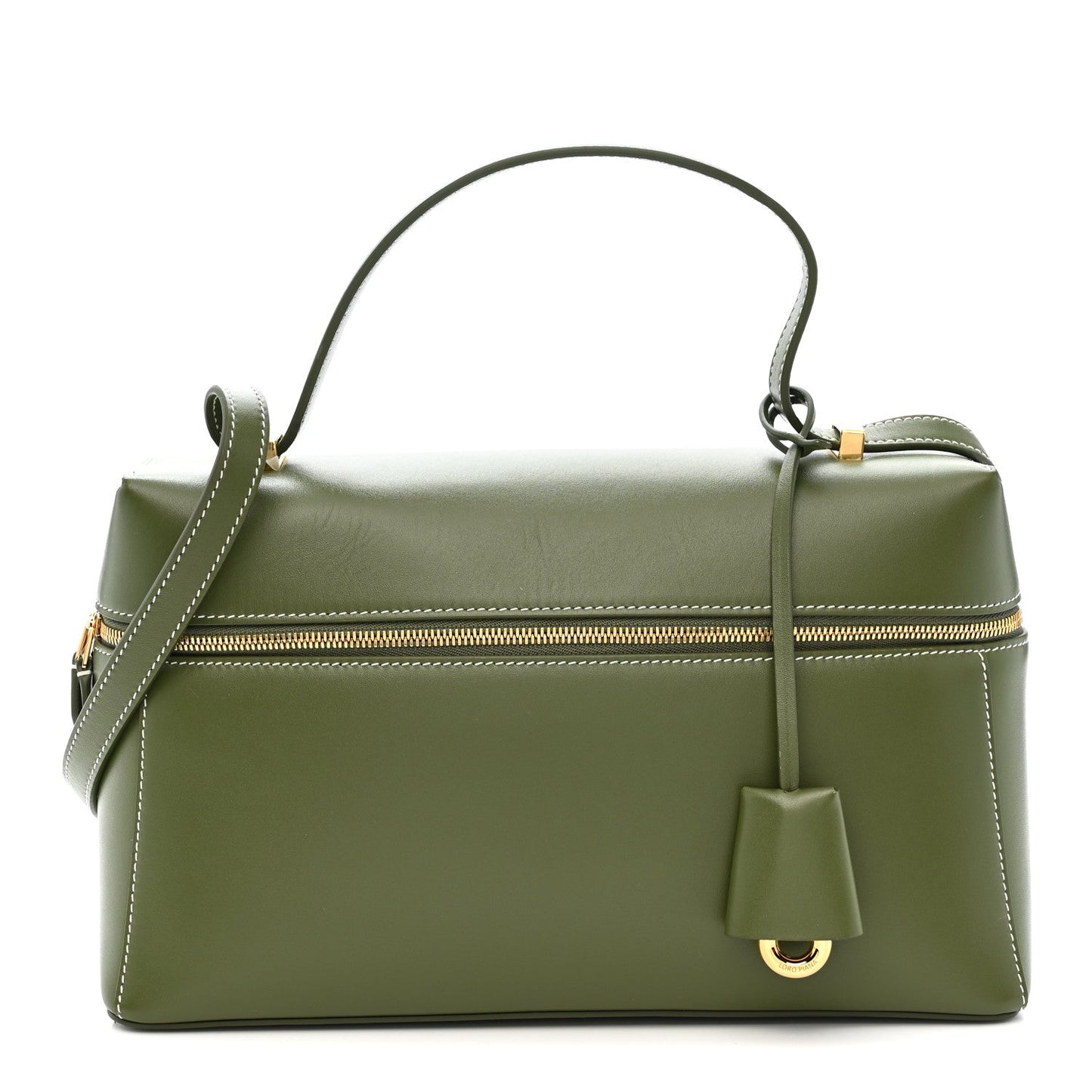 Olive green leather handbag with top handle, shoulder strap, and gold zipper