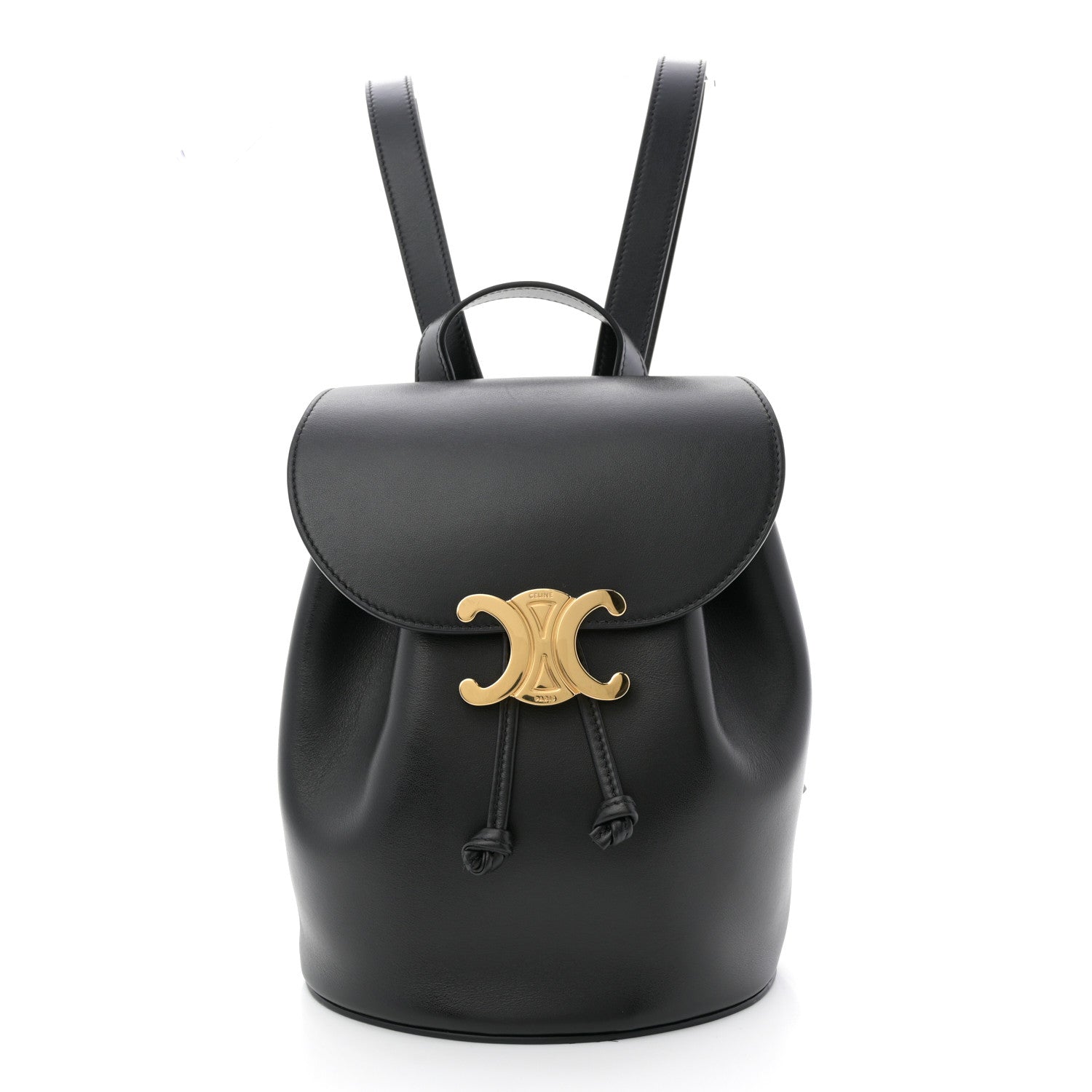 Celine Triomphe calfskin Bonnie backpack in black with gold logo and drawstring.