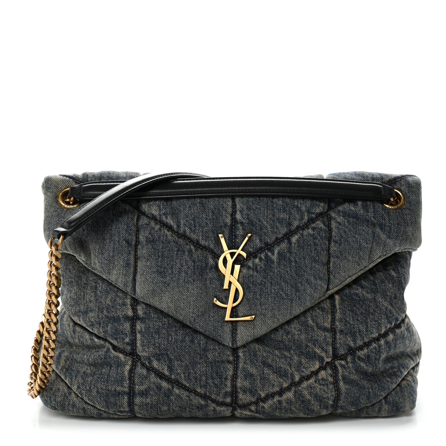 Saint Laurent Denim Quilted Medium Loulou Puffer Monogram Chain Satchel Blue Cinnamon