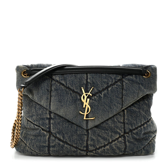 Saint Laurent Denim Quilted Medium Loulou Puffer Monogram Chain Satchel Blue Cinnamon