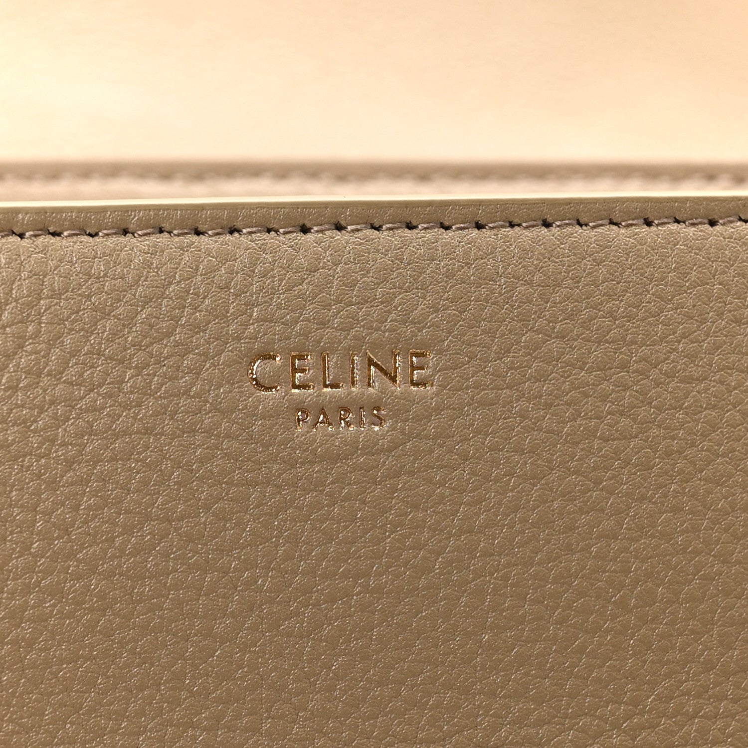 Celine Paris leather logo stamp on tan calfskin Victoire medium bag