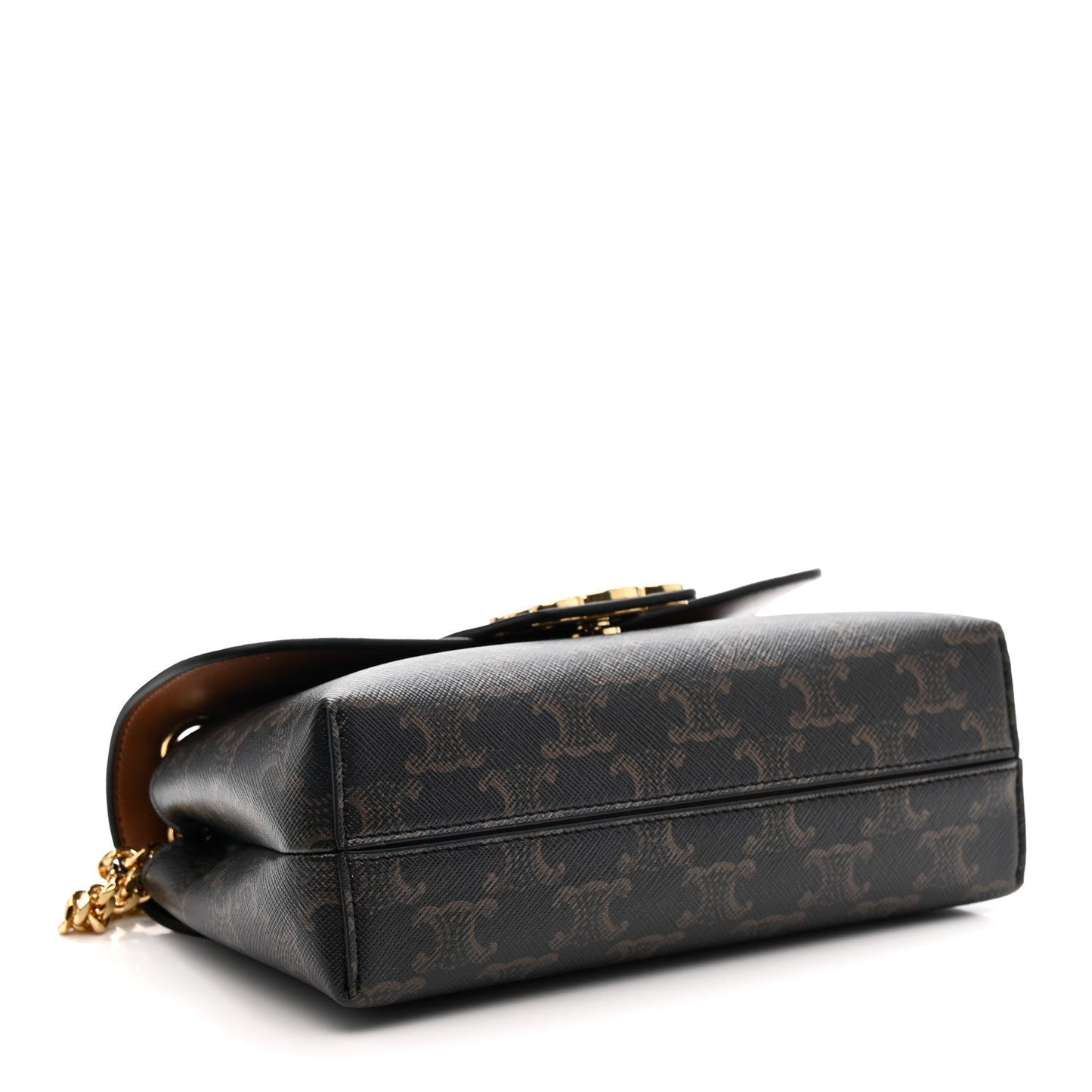 Celine Triomphe shoulder bag side view with gold chain and dark brown flap, structured shape