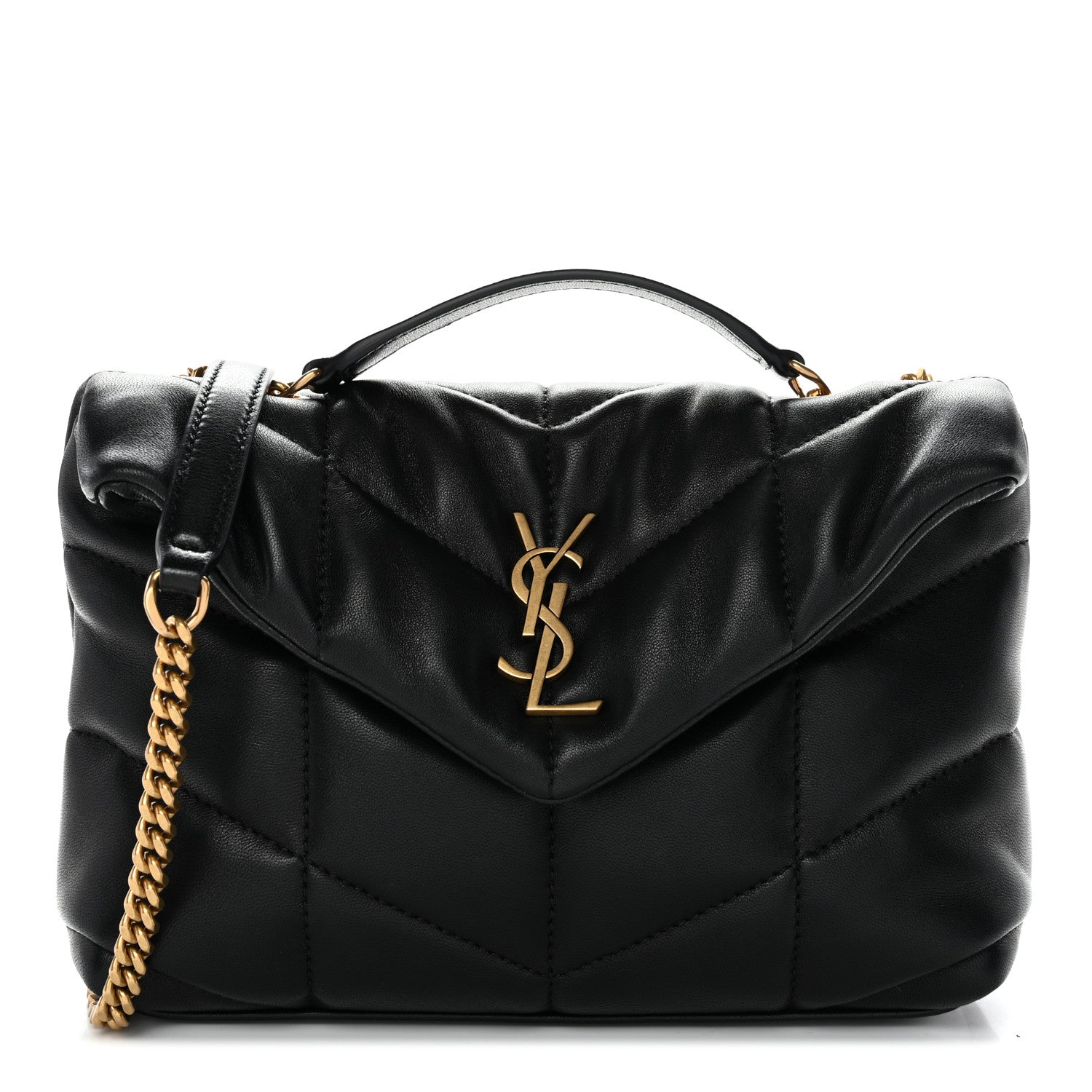 Saint Laurent Lambskin Quilted Toy Loulou Puffer Monogram Chain Satchel Black