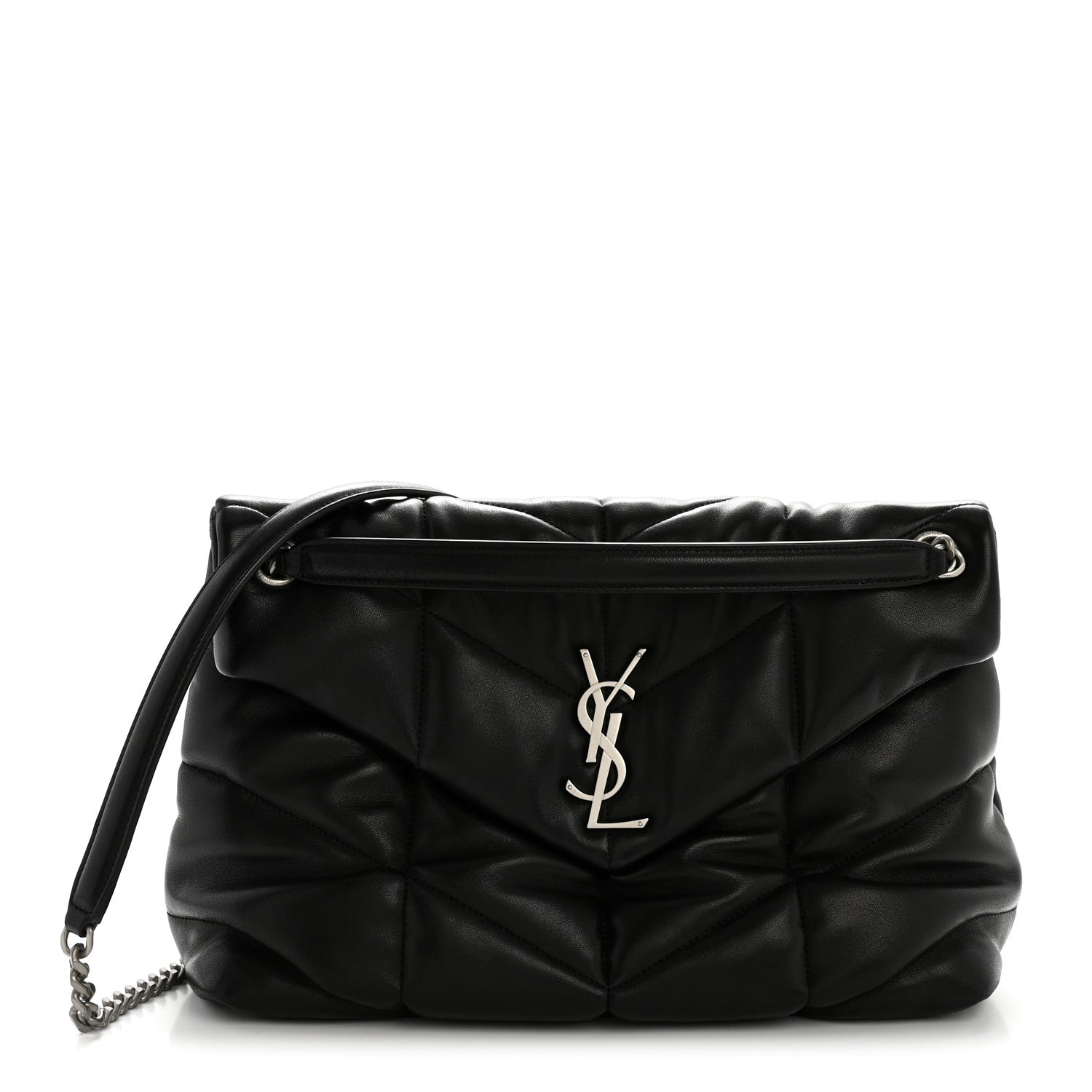 Saint Laurent Lambskin Quilted Medium Loulou Puffer Monogram Chain Satchel Black
