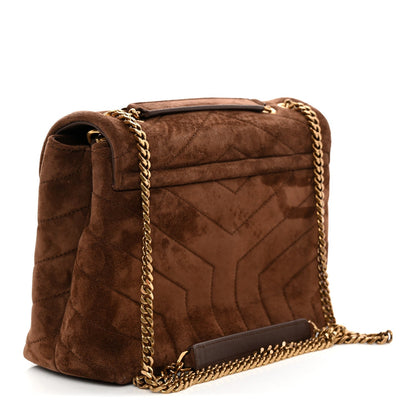 Saint Laurent Suede Calfskin Y Quilted Monogram Small Loulou Chain Satchel Bark Brown