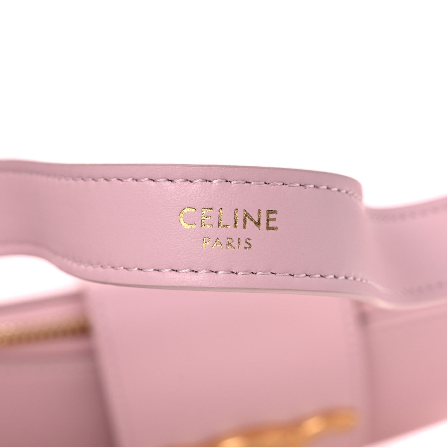 Celine smooth calfskin bag label with “CELINE PARIS” stitching on pastel pink