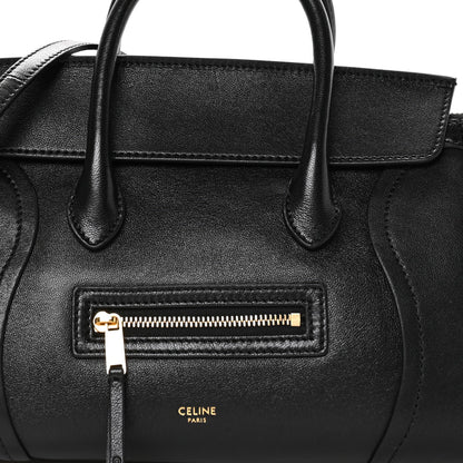 Celine black leather mini tote front close-up with zip pocket and handles