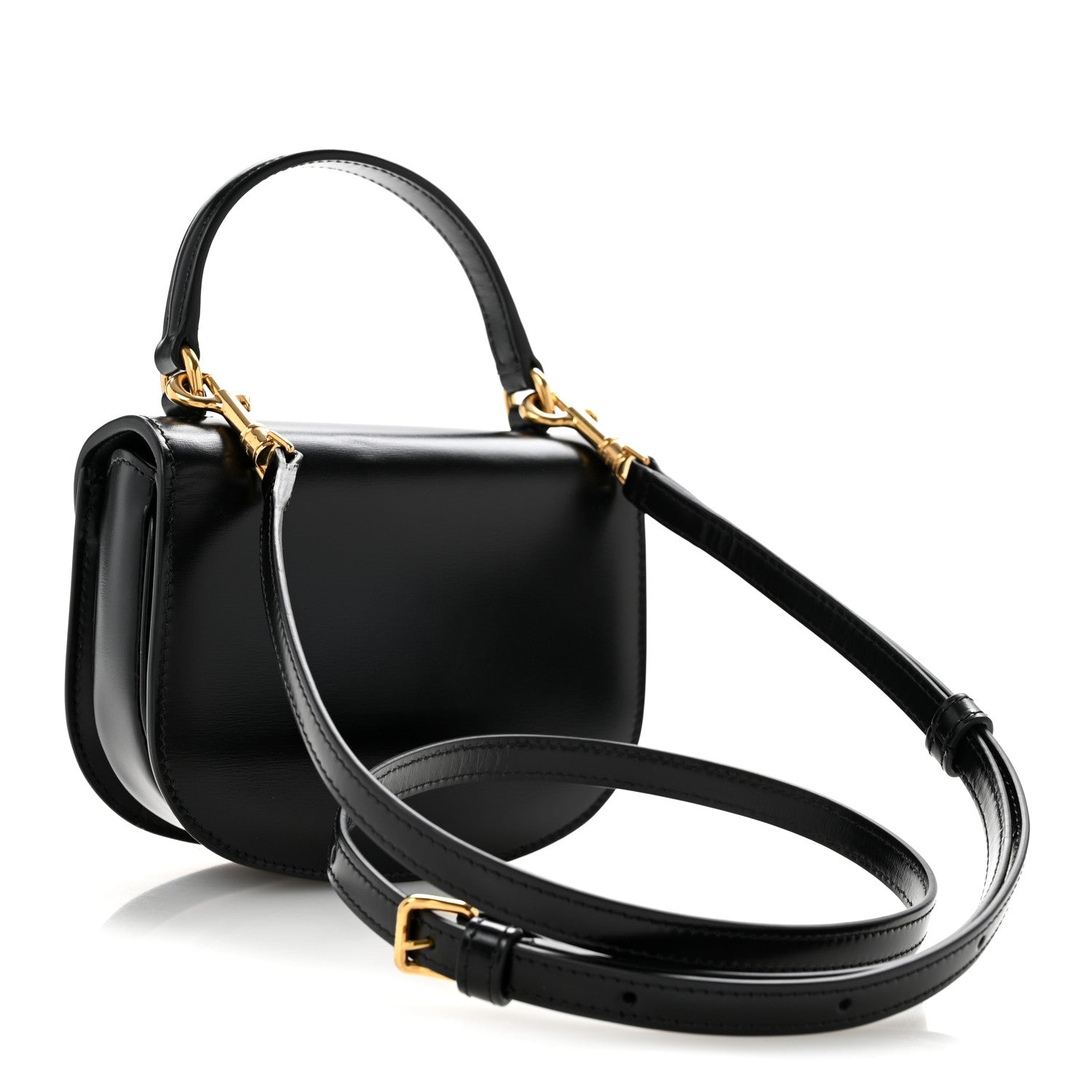 Black shiny mini crossbody bag with adjustable crossbody strap and gold-tone hardware