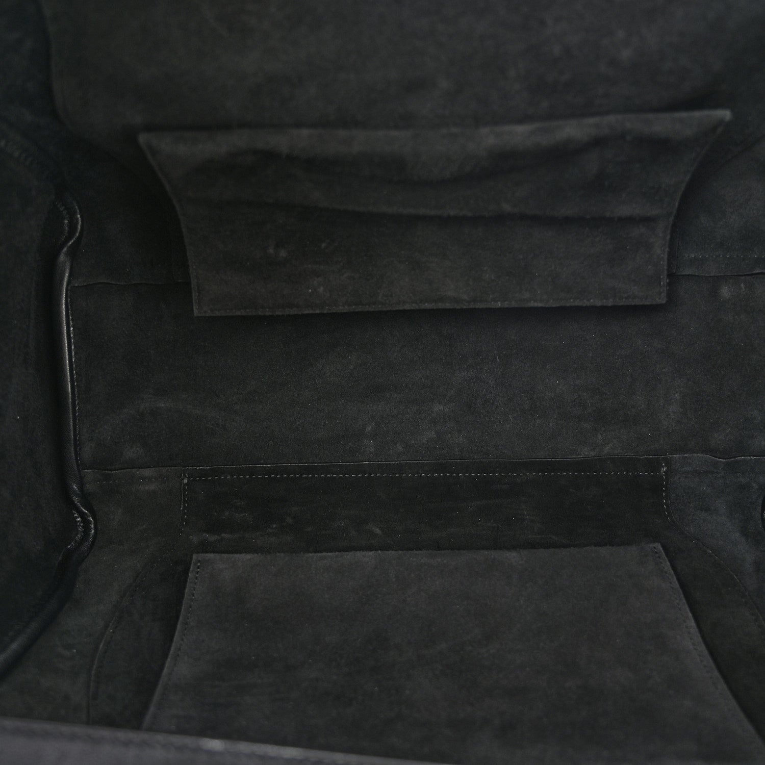 Celine black leather tote interior lining with open top and hanging fabric panel