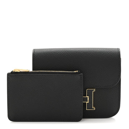 Black slim wallet set with small zip card holder, gold hardware