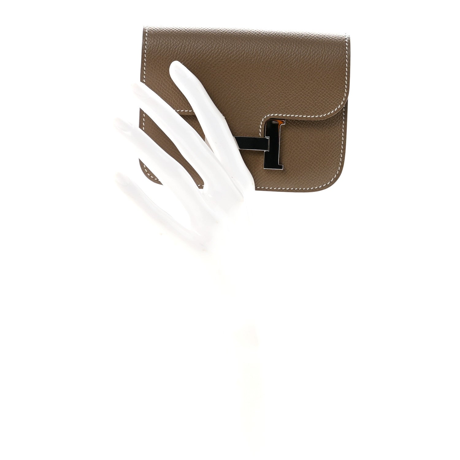 Hermes Constance slim wallet in textured brown leather, fold-over flap with gold-tone clasp