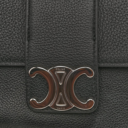 Black calfskin shoulder bag with silver Celine logo plaque at front