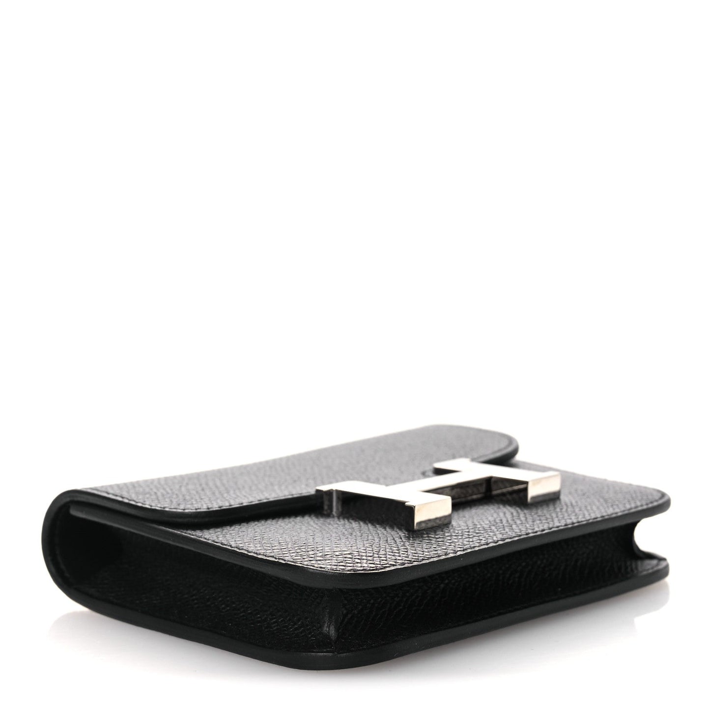 Black slim leather wallet open, showing interior card slots