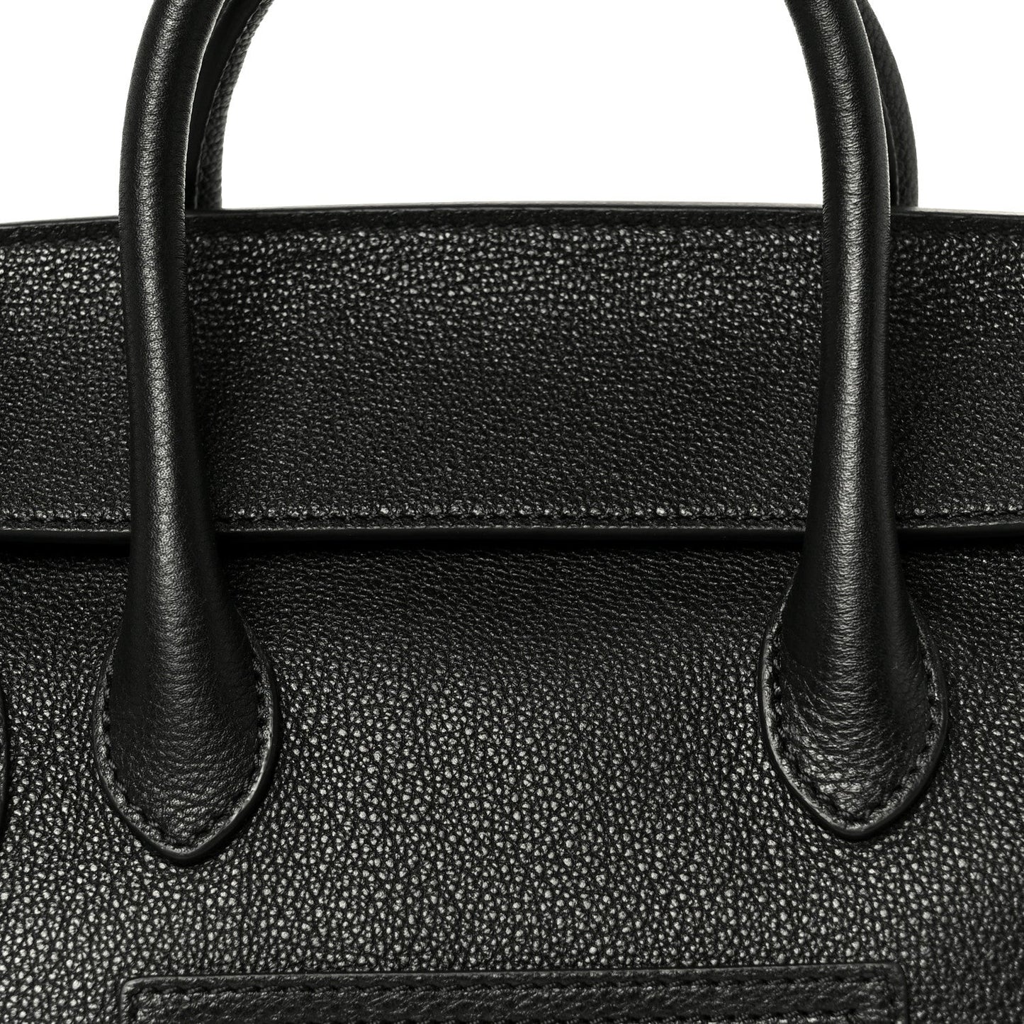 Black grained leather tote with curved top handles