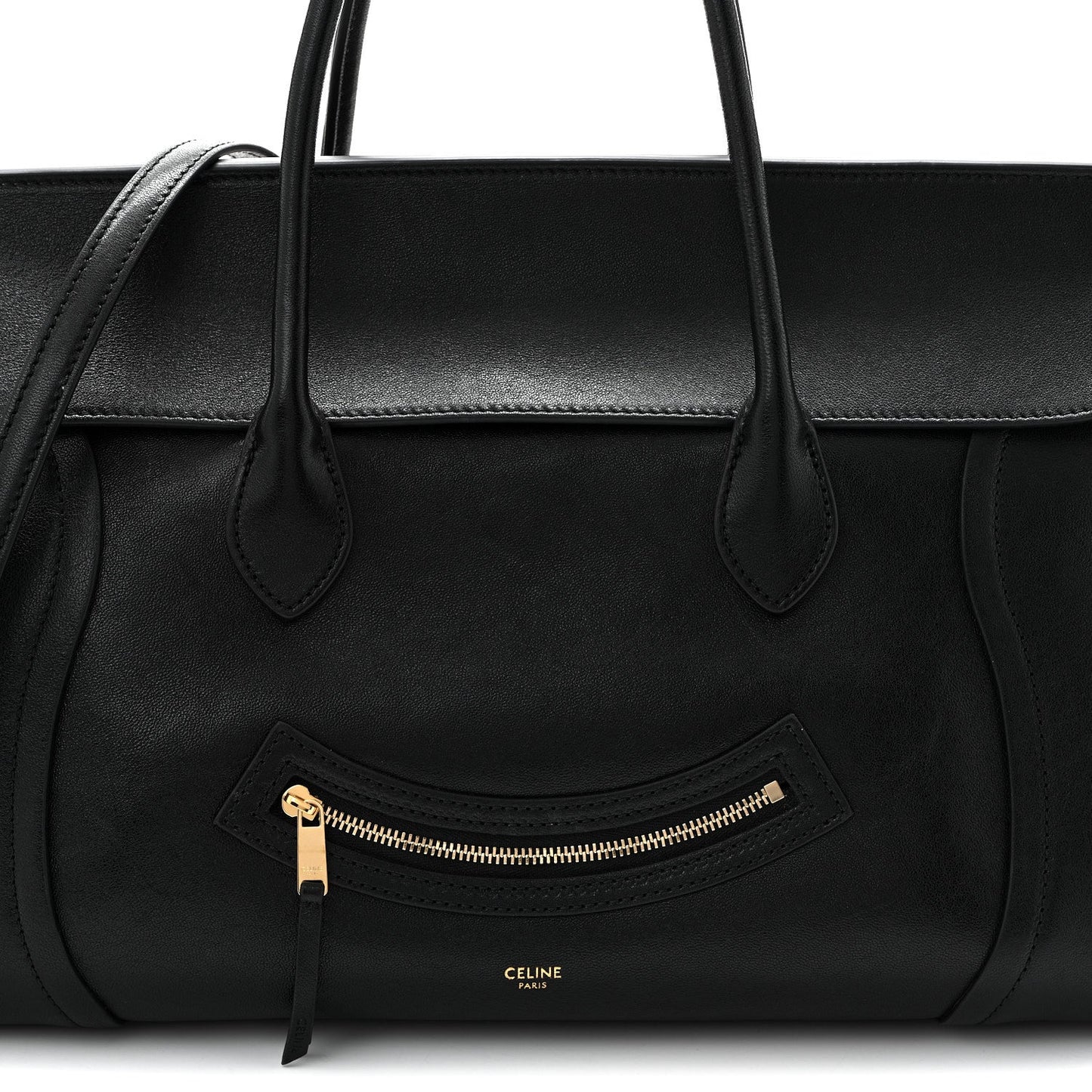 Celine black leather tote front with curved zipper pocket and small CELINE logo