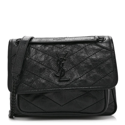 Saint Laurent Crinkled Calfskin Matelasse Monogram Baby Niki Chain Satchel Black