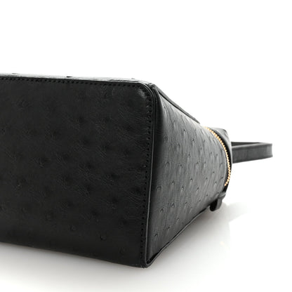 Black ostrich leather mini handbag corner detail with front seam and gold-tone zipper edge