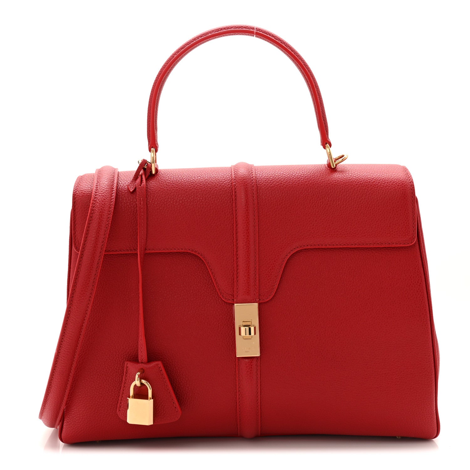 Red grained calfskin top-handle bag with front flap, gold lock and side strap