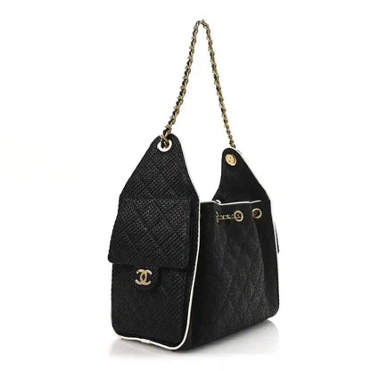 Chanel Braided Raffia Calfskin Small Chanel 25 Handbag Black White - NEESTRA
