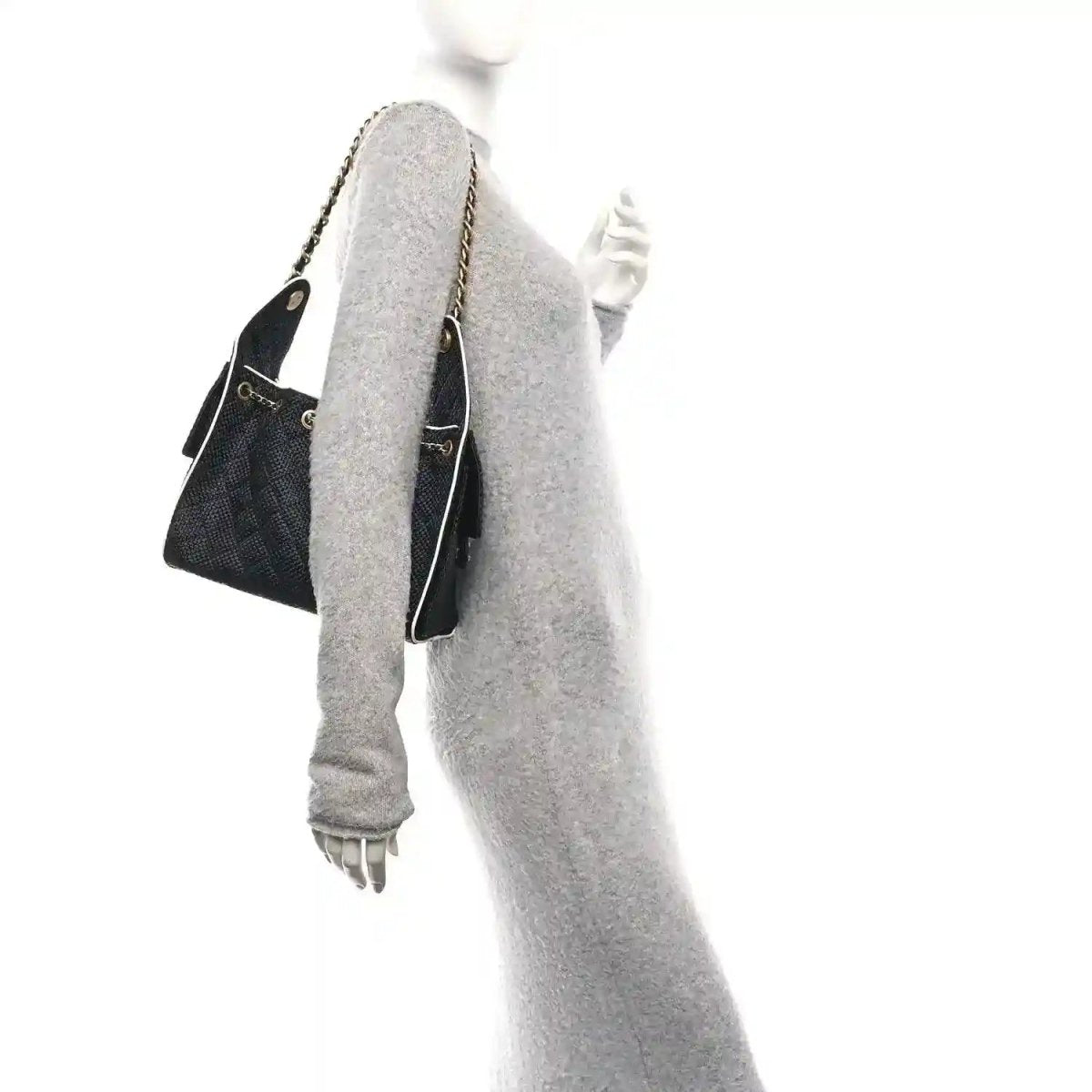 Chanel Braided Raffia Calfskin Small Chanel 25 Handbag Black White - NEESTRA