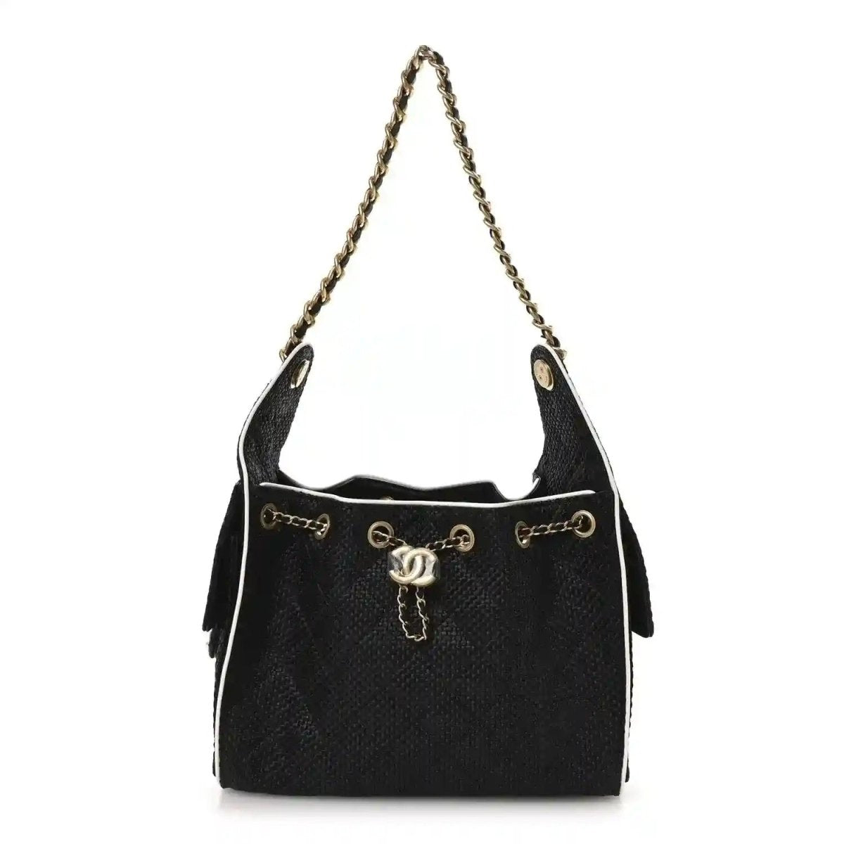 Chanel Braided Raffia Calfskin Small Chanel 25 Handbag Black White - NEESTRA
