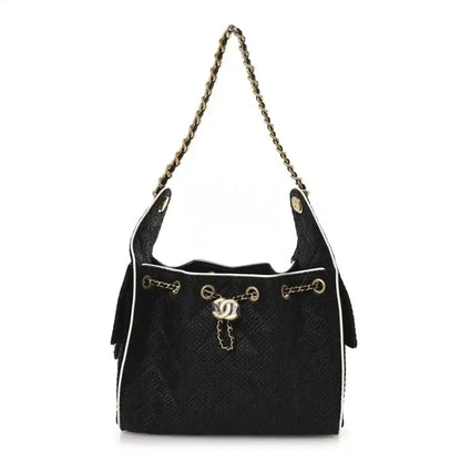 Chanel Braided Raffia Calfskin Small Chanel 25 Handbag Black White - NEESTRA