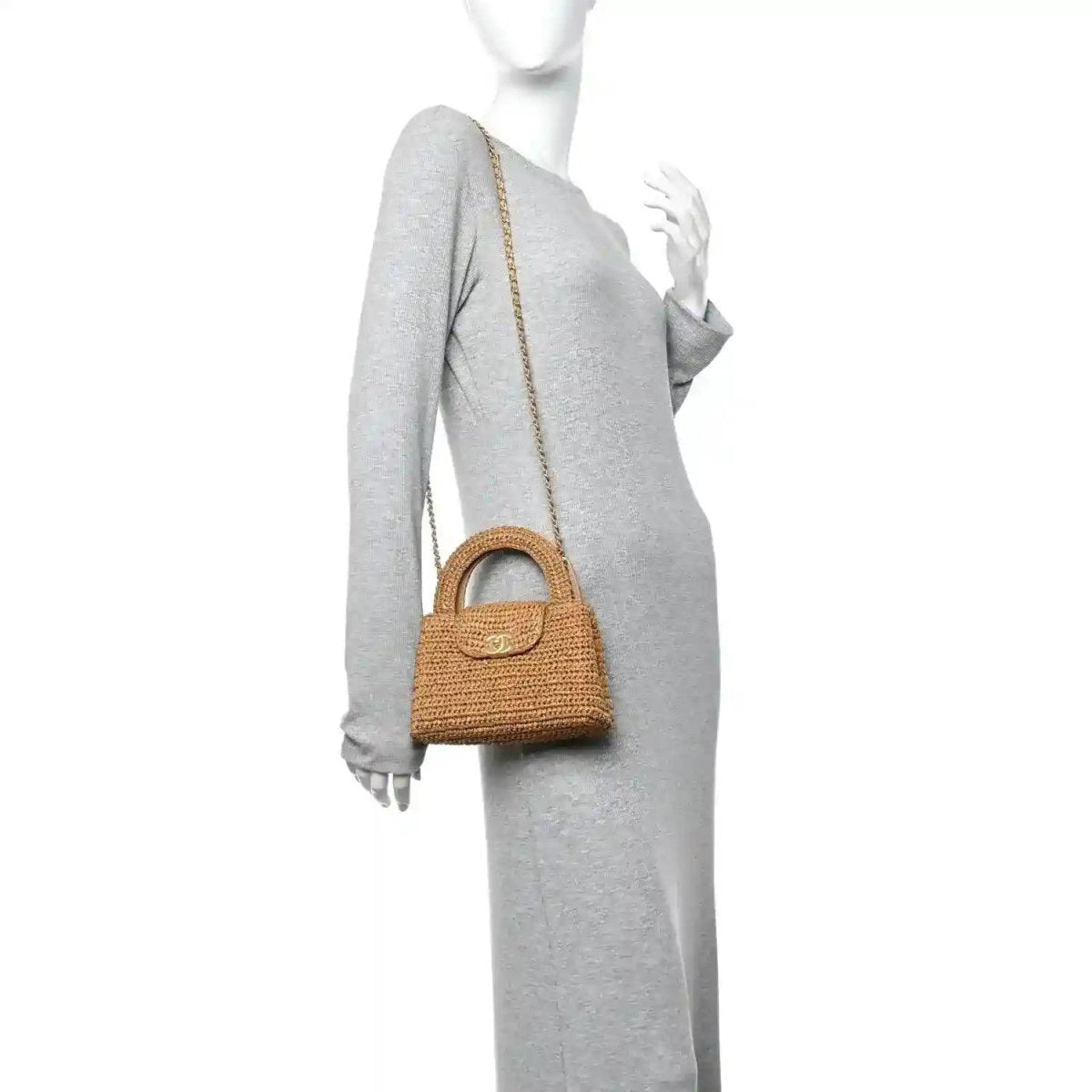 Chanel Braided Raffia Nano Kelly Flap Bag Dark Beige - NEESTRA