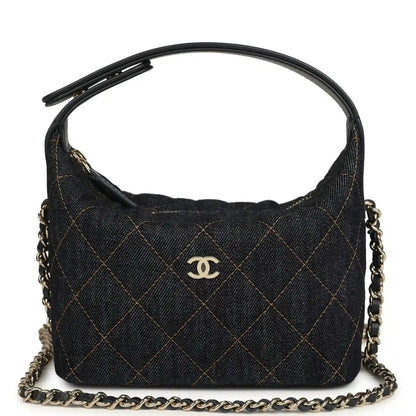 Chanel Mini Hobo Pouch in Dark Blue Denim Gold Hardware - NEESTRA