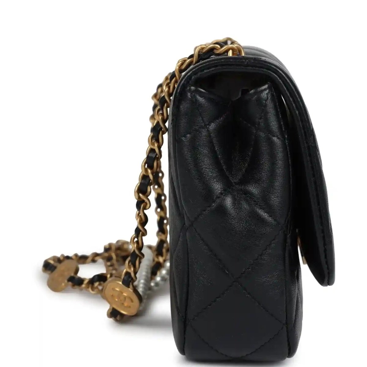 Chanel Mini Pearly Chain Flap Bag in Black Lambskin Leather - NEESTRA