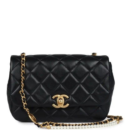 Chanel Mini Pearly Chain Flap Bag in Black Lambskin Leather - NEESTRA