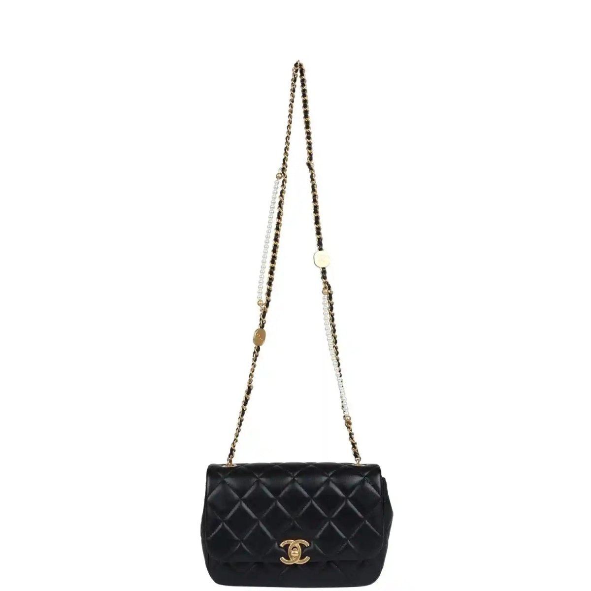 Chanel Mini Pearly Chain Flap Bag in Black Lambskin Leather - NEESTRA