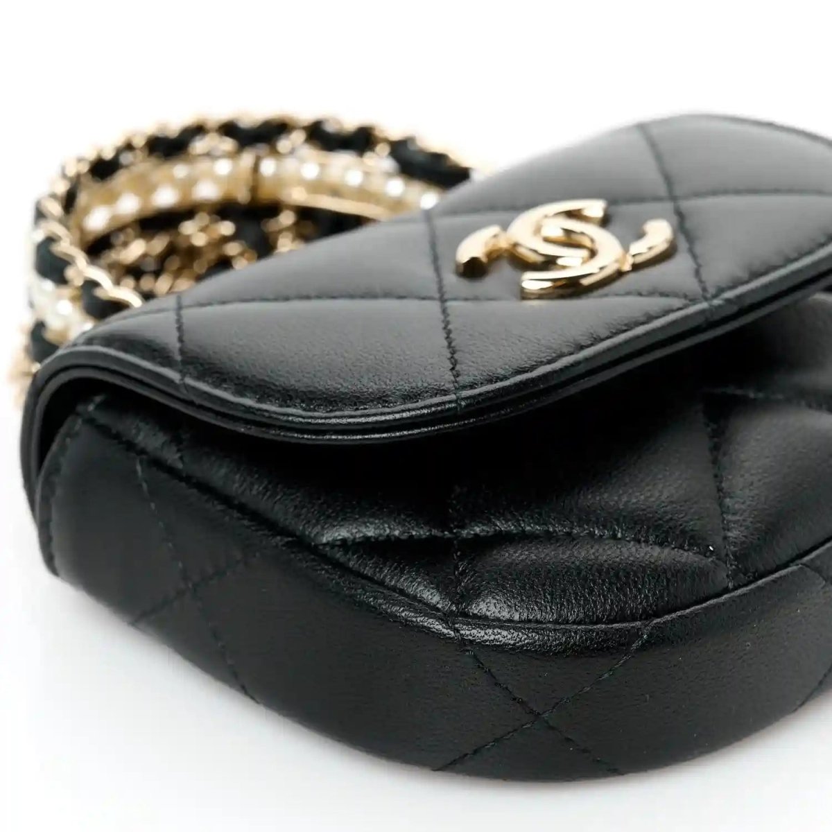 Chanel Quilted Lambskin Pearl Top Handle Clutch with Chain Black - NEESTRA