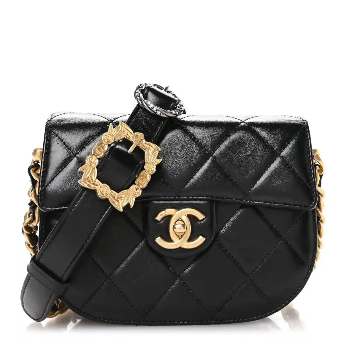 Chanel Shiny Calfskin Quilted Buckle Moon Messenger Bag Black - NEESTRA